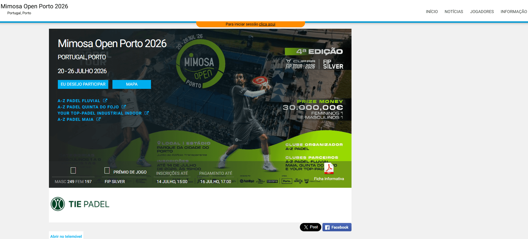 Exemplo visual da página de um torneio